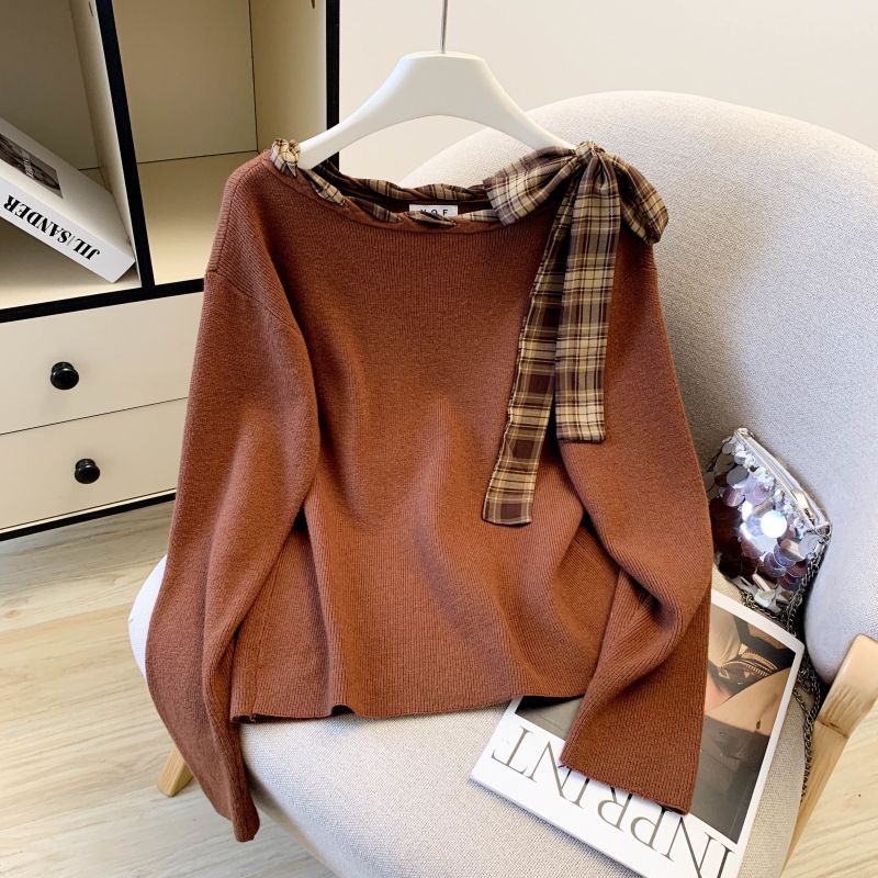 Autumn Knit Sweater Top – Scarf Tie Detail & Contrast Color Blocking, Long Sleeve Casual Pullover (White/Coffee/Black, One Size Fits Most)_voghion.com