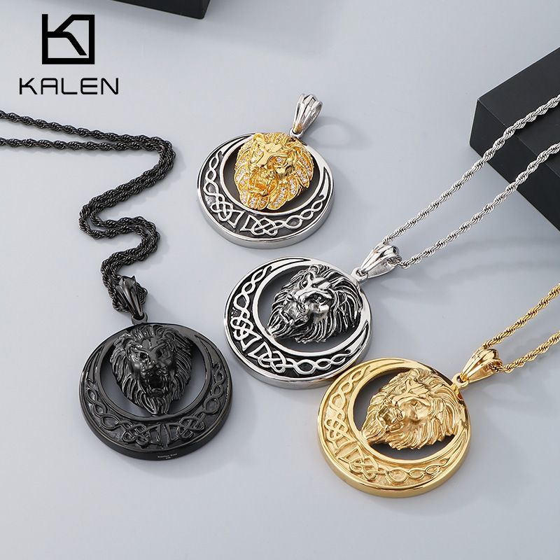 Ciondolo da uomo in acciaio al titanio con testa di leone cava intarsiata rotonda in stile hip-hop celtico_voghion.com
