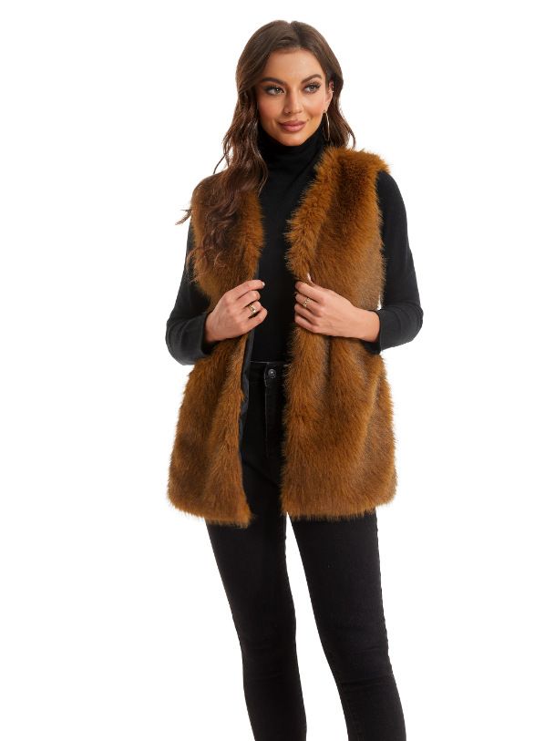 Women's fur vest women's coat long fur vest warm V-neck sleeveless vest_voghion.com