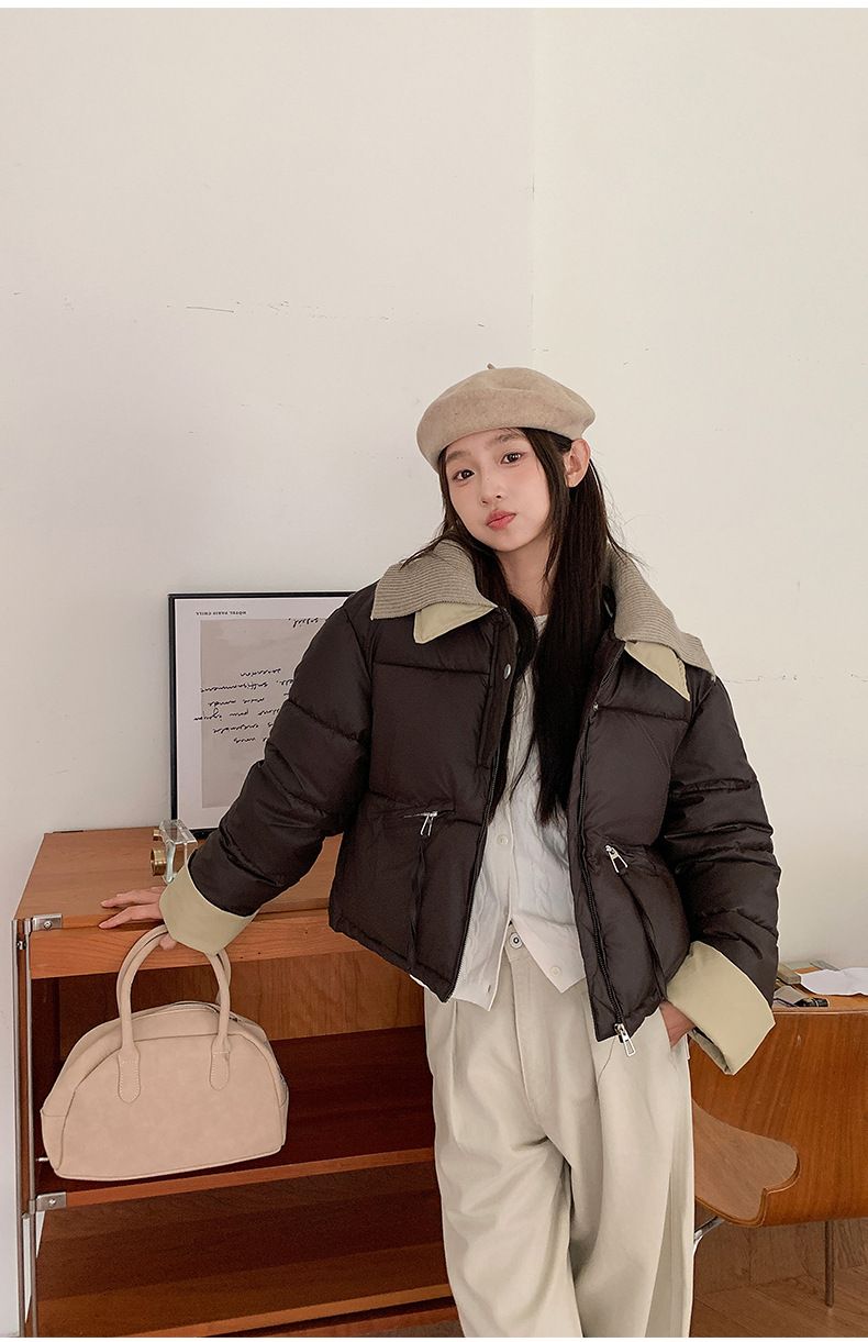 2024 European Knitted Short Down Jacket Women's Winter Fashion Splicing Doll Collar Cotton Coat Trend_voghion.com