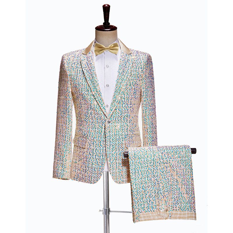 CT Men's Slim Fit Champagne Sequin Tuxedo Stage Performance Host Anchor Fashion Show Suit_voghion.com