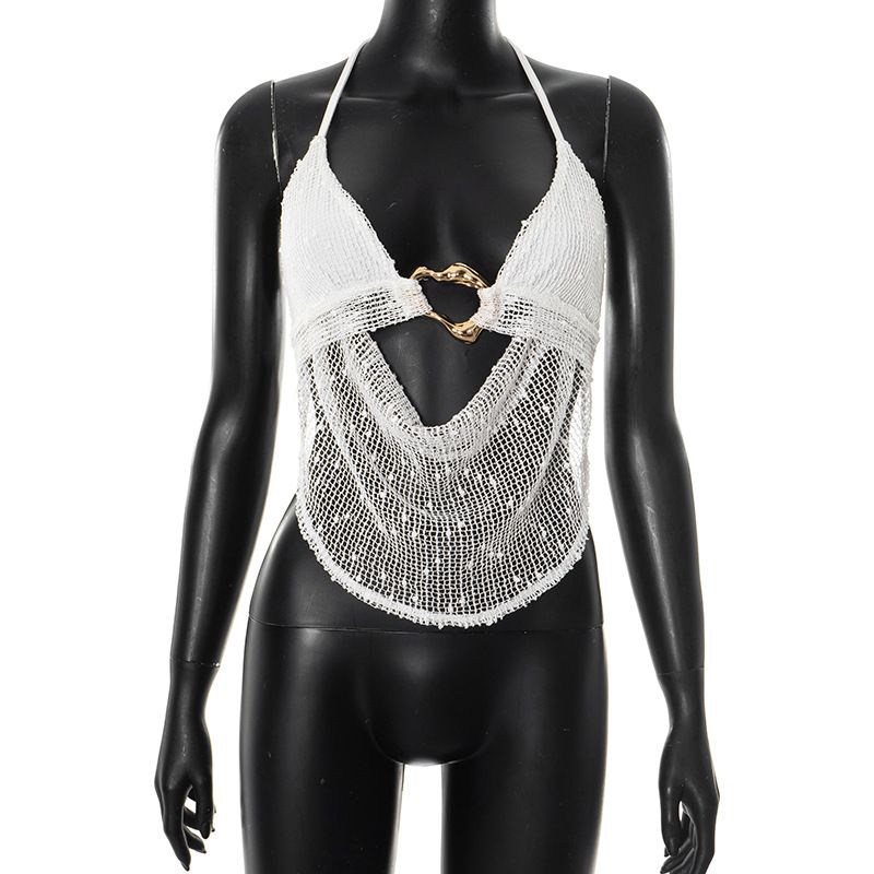 Top con scollo a V e laccetti, motivo scozzese a pois e decorazioni in metallo, da donna_voghion.com