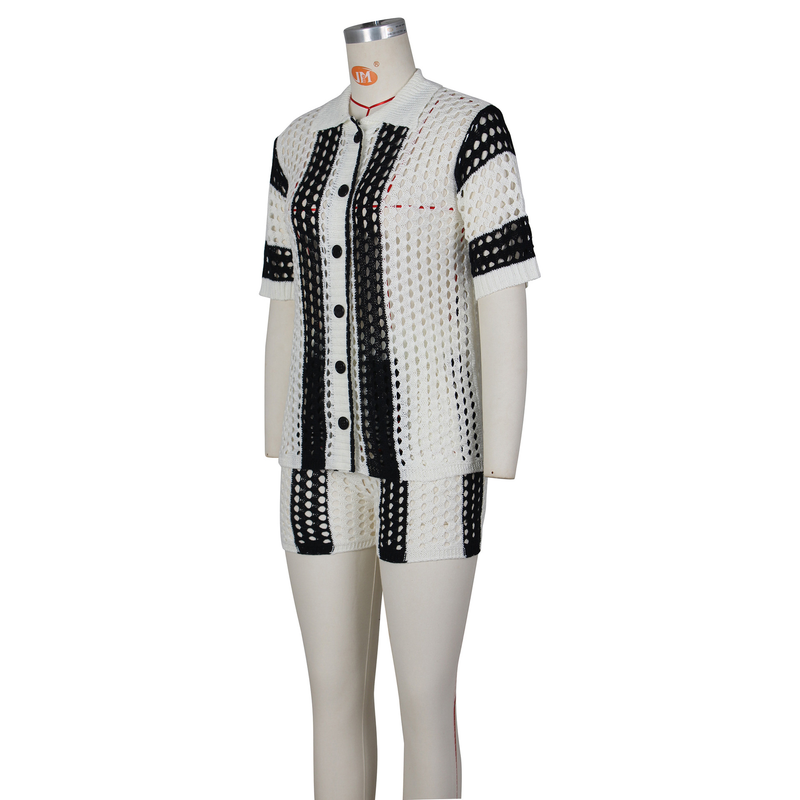 Set di pantaloncini in maglia con risvolto trasparente scavati da donna sexy per abbigliamento da donna_voghion.com