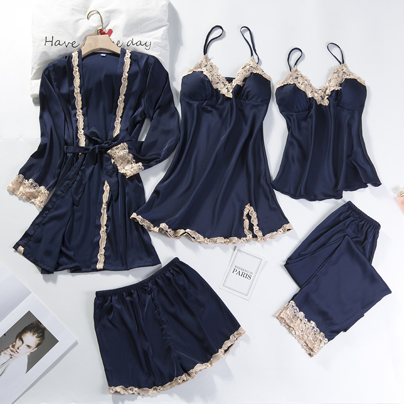 pigiama sexy da donna in seta di ghiaccio set da cinque pezzi con bretelle camicia da notte a maniche lunghe in seta sottile da casa con imbottitura sul petto_voghion.com