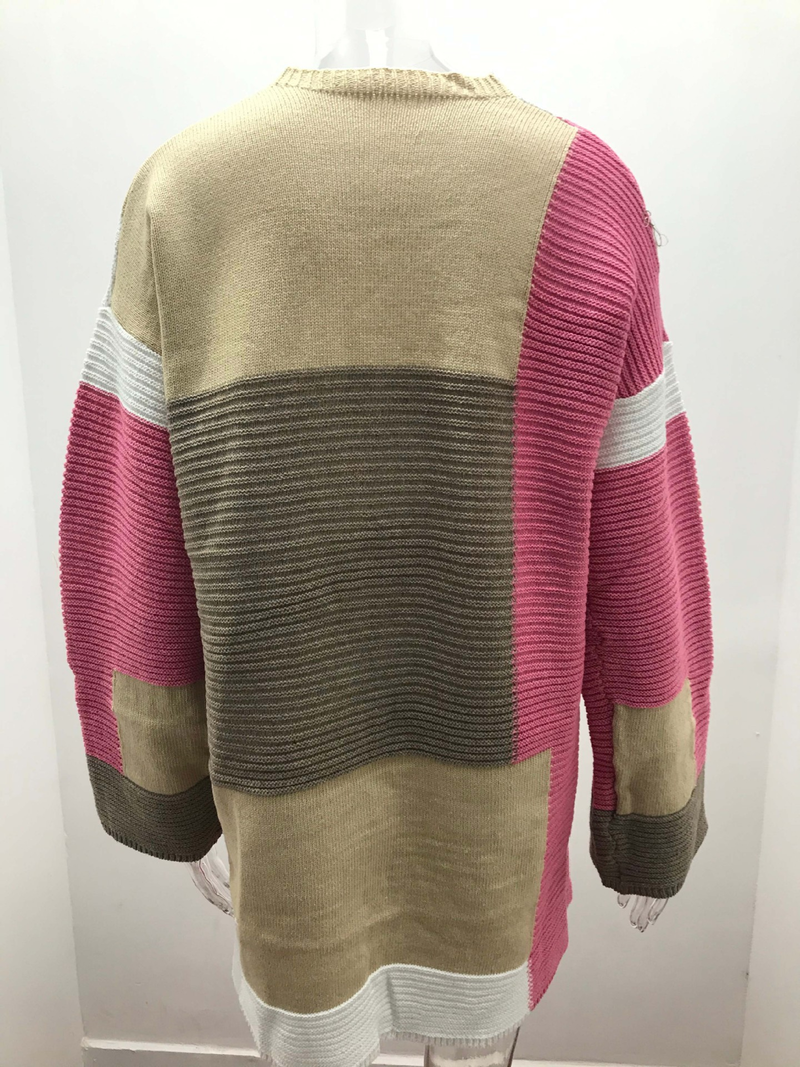 Women's large size loose geometric color matching sweater cardigan_voghion.com
