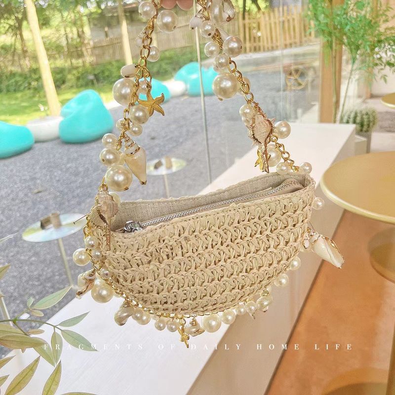 Women's Bags Spring And Summer New Straw Woven Bag Woven Bag Pearl Conch Handbag Female Fairy Handbag Small Personality Trend_voghion.com