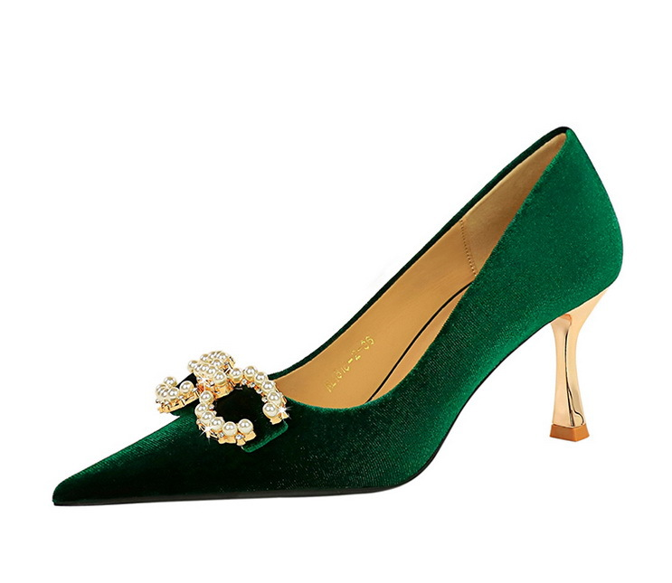 1818-K79 Scarpe col tacco alto da banchetto Edizione coreana Donna Xishi Pelle scamosciata Bocca bassa Punta in metallo Perla Fibbia con diamante d'acqua_voghion.com