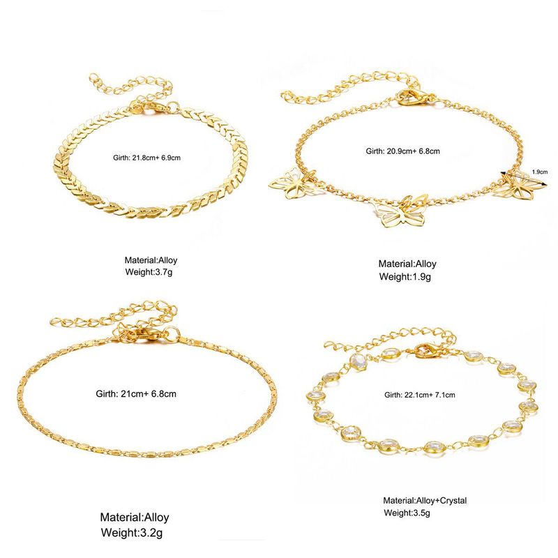 4-Piece Set Of Fashionable Simple Multi-Layer Metal Airplane Chain Hollow Butterfly Inlaid Diamond Anklets For Women_voghion.com