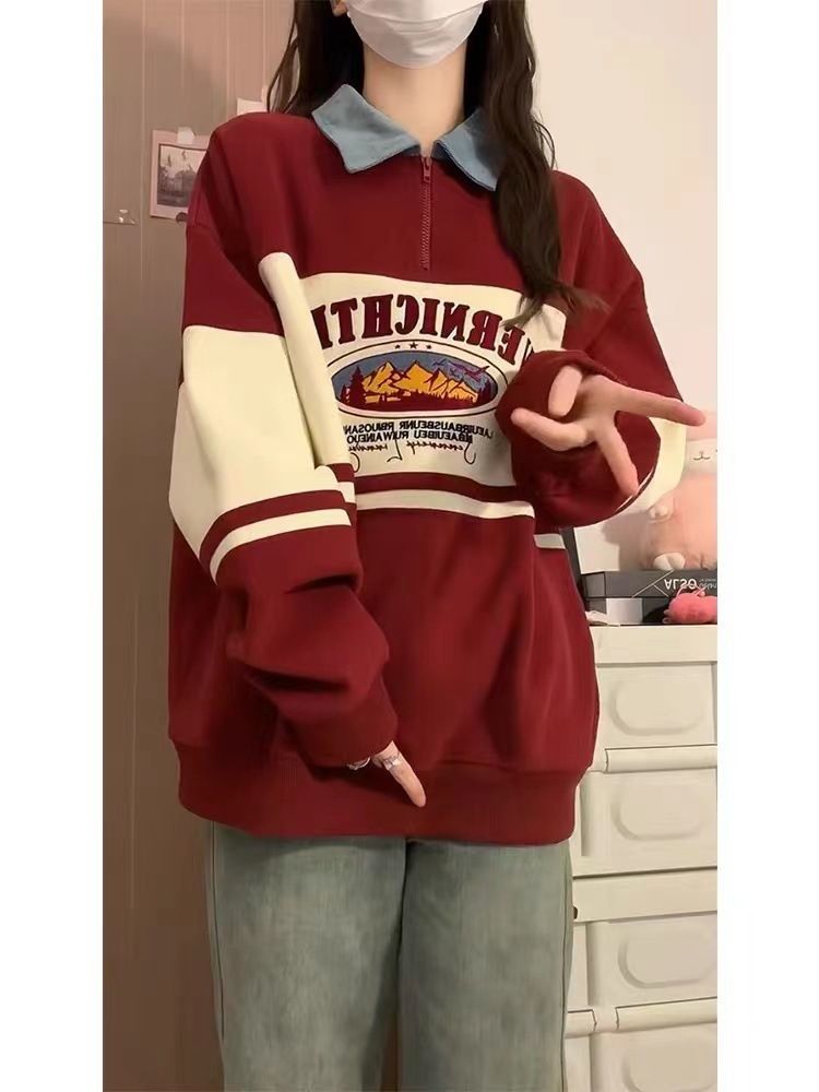 Felpa con cappuccio stile college con colletto polo color block per donna in primavera autunno, design ampio e casual, giacca da studente di nicchia_voghion.com