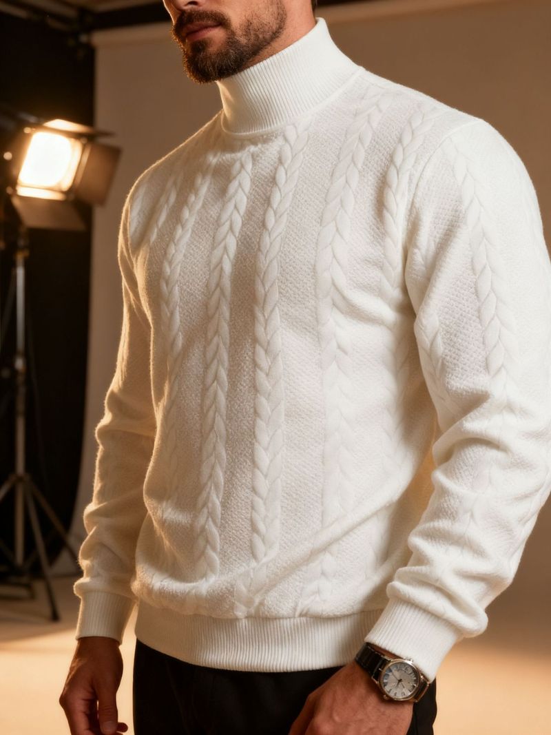 2025 Autumn And Winter New European Size Solid Color Jacquard Sweater Men's High Collar Thick Warm Sweater_voghion.com