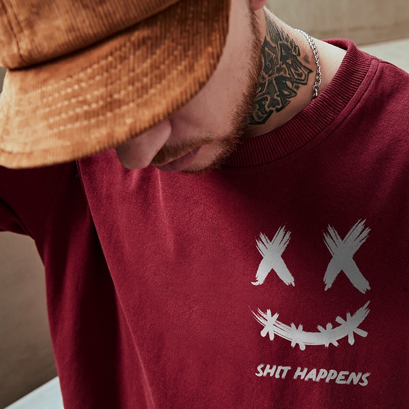 Men's Clothes Smiley Face Red Tee High Street Ins Fashion Loose T-shirt Short Sleeve Men Five-quarter Sleeve Large Size Men Summer Top_voghion.com