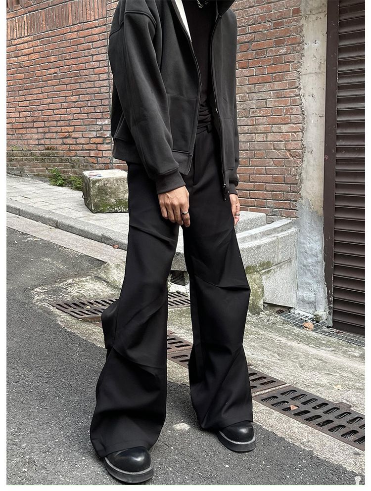 American Style Elastic Waist Loose-fit Casual Trousers 280gm Sensibility Ruffled Wide-leg Pants Men's Tuxedo Suit Pants_voghion.com