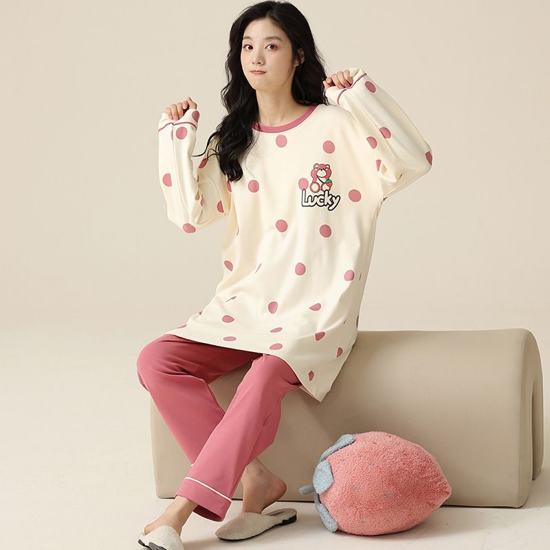Pajamas for women in spring and autumn, winter pure cotton sleeved cute home clothes, 2023 new set, medium to long_voghion.com