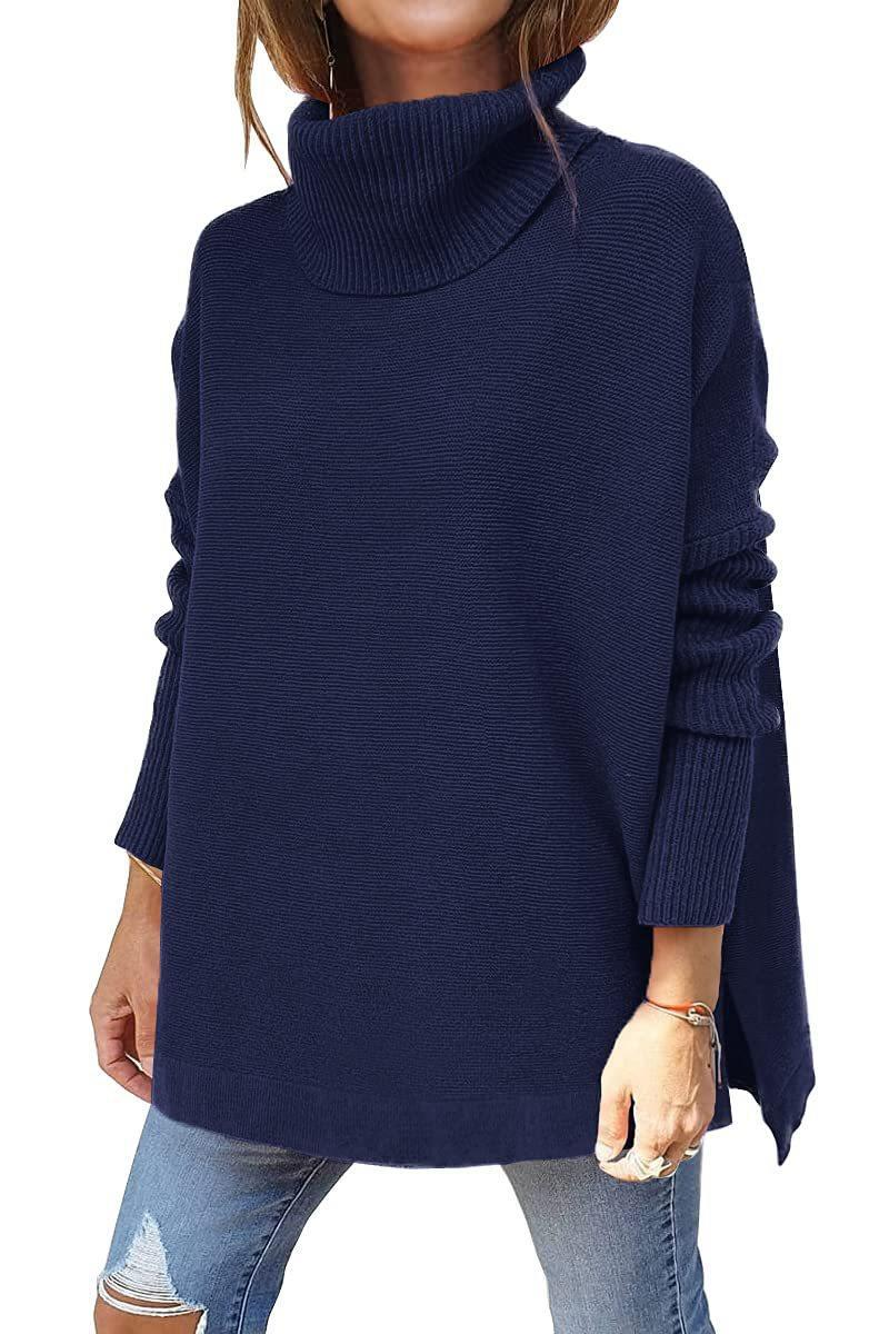 Dametrøje med høj hals, oversized pasform, mellemlang pullover med flagermusærmer, slidskant og bælte_voghion.com