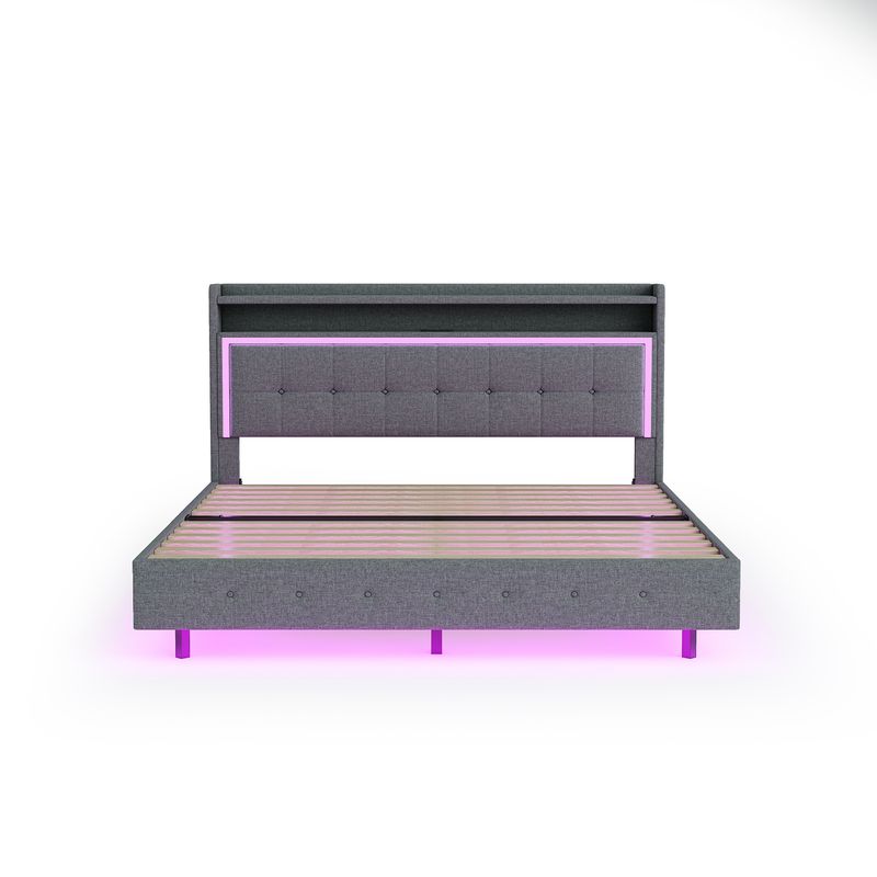 Polsterbett 140x200cm Con USB, LED, Fußen Versteckten, Leinenstoff Grau_voghion.com