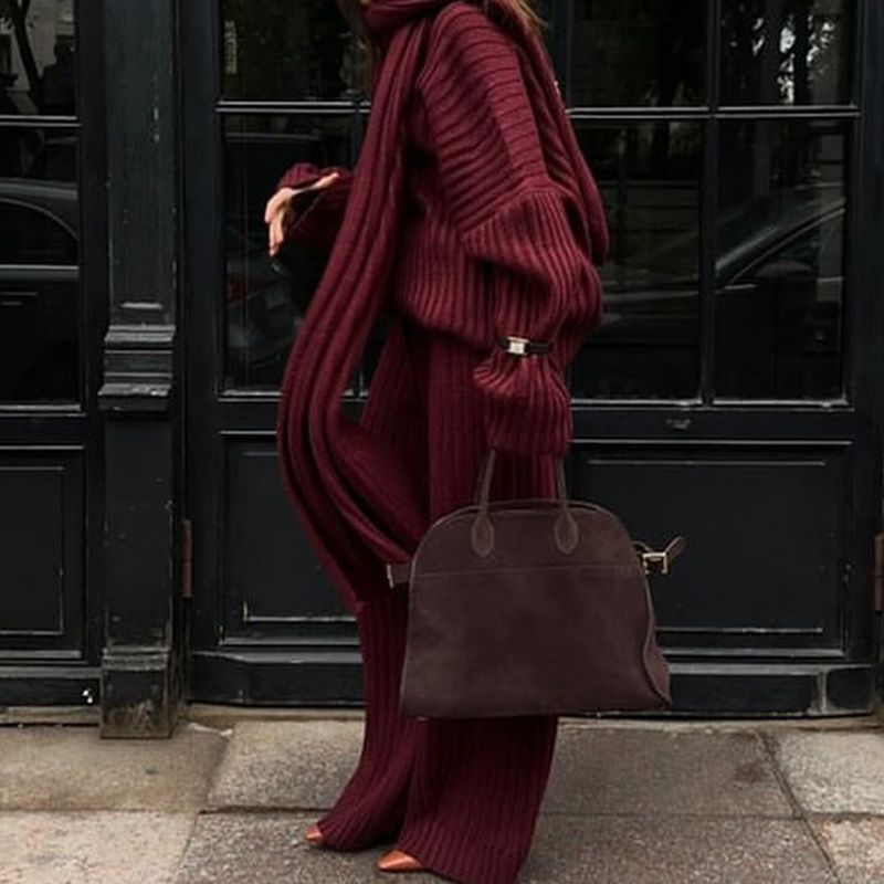 Oversized Knit Sweater & Scarf Set – Fall/Winter Women's Loungewear (Wine Red/Sage Green/Gray, S-L)_voghion.com