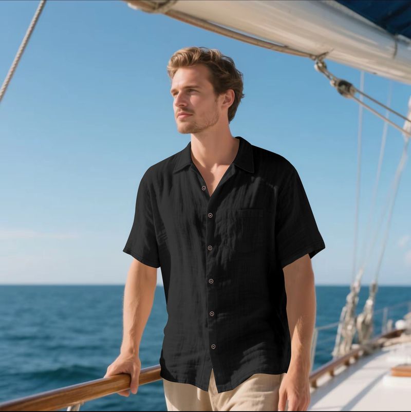 Camicia da uomo in lino a maniche corte, casual, traspirante, con bottoni, per le vacanze estive in spiaggia, con tasche_voghion.com
