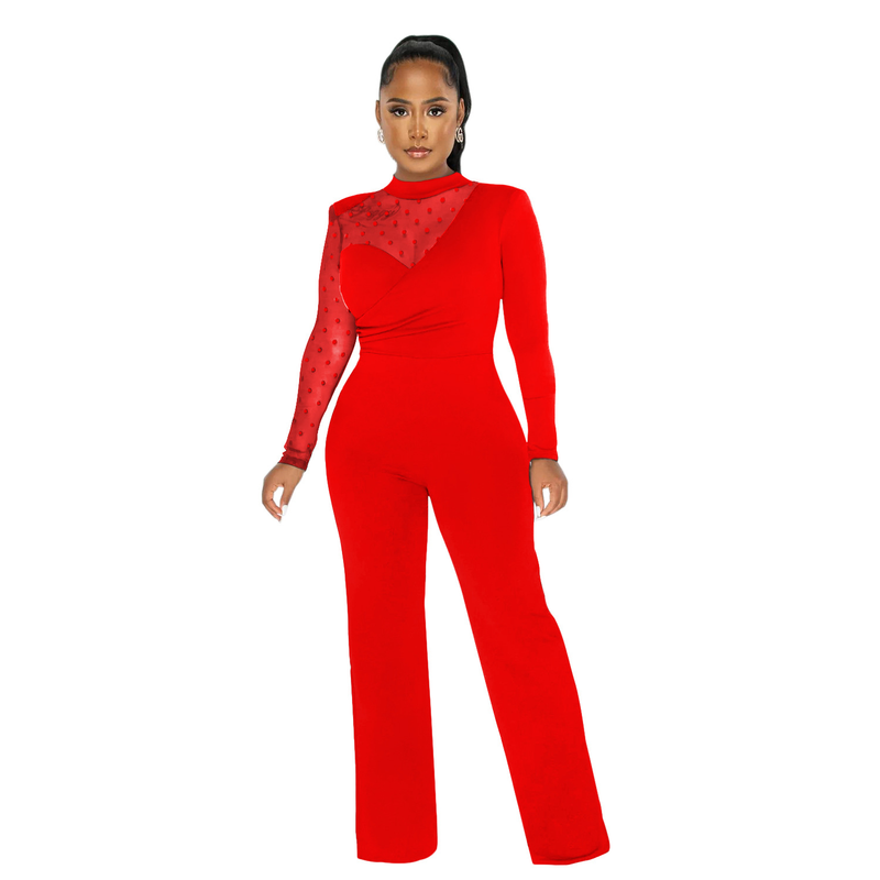 Women's Clothing fashion women's polka dot mesh see-through long-sleeved trousers solid color jumpsuit_voghion.com