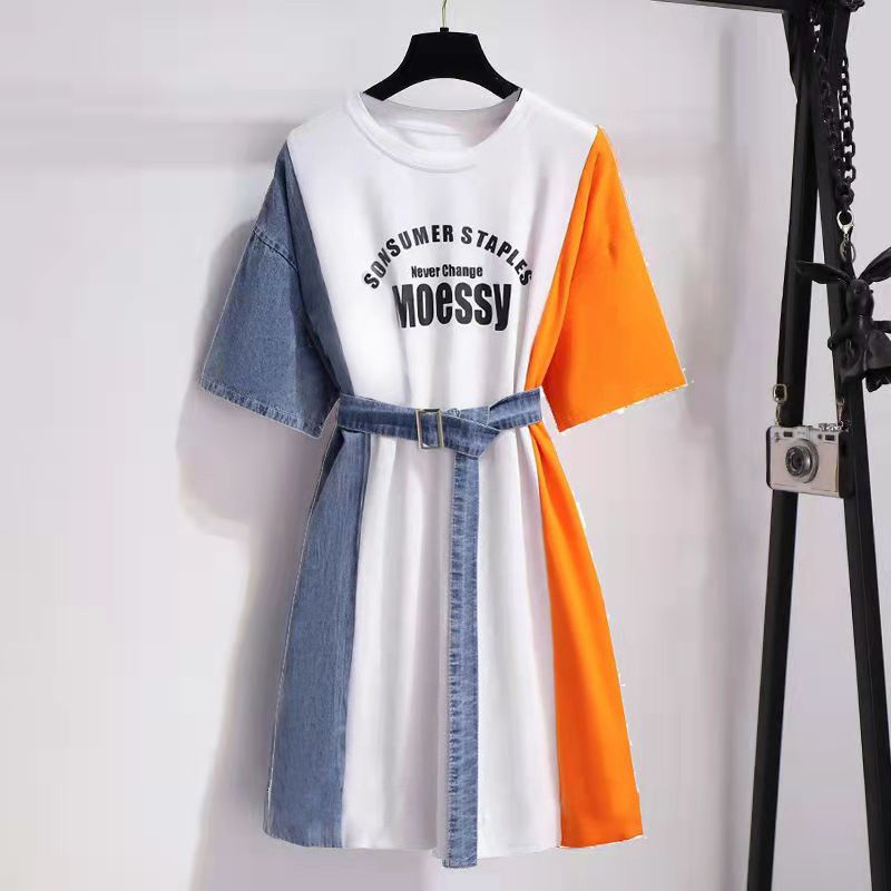 Cowboy Patchwork T-Shirt Kleid für Damen Sommer 2025 Neues Design, mit schlanker Taille und einer schlanken Figur_voghion.com