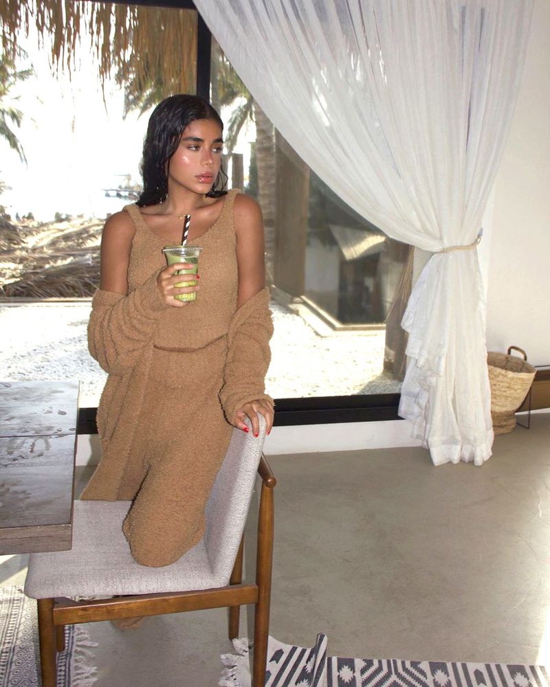 Women's Fleece Belted Robe Coat Two-Piece Set - Long Sleeve Loungewear & Outerwear For Fall/Winter Fashion_voghion.com