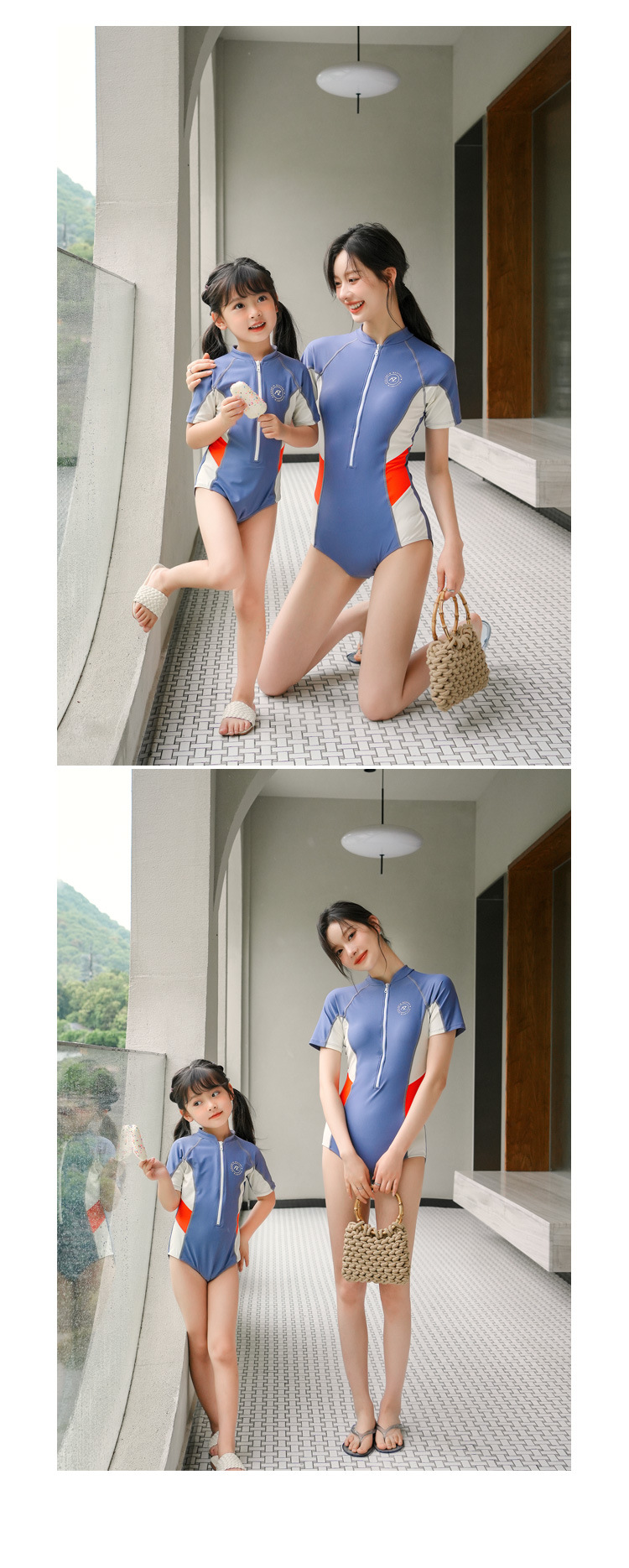 Vêtements de famille Maillot de bain familial mère et fille source chaude enfants une pièce à manches courtes protection solaire ventre minceur filles_voghion.com