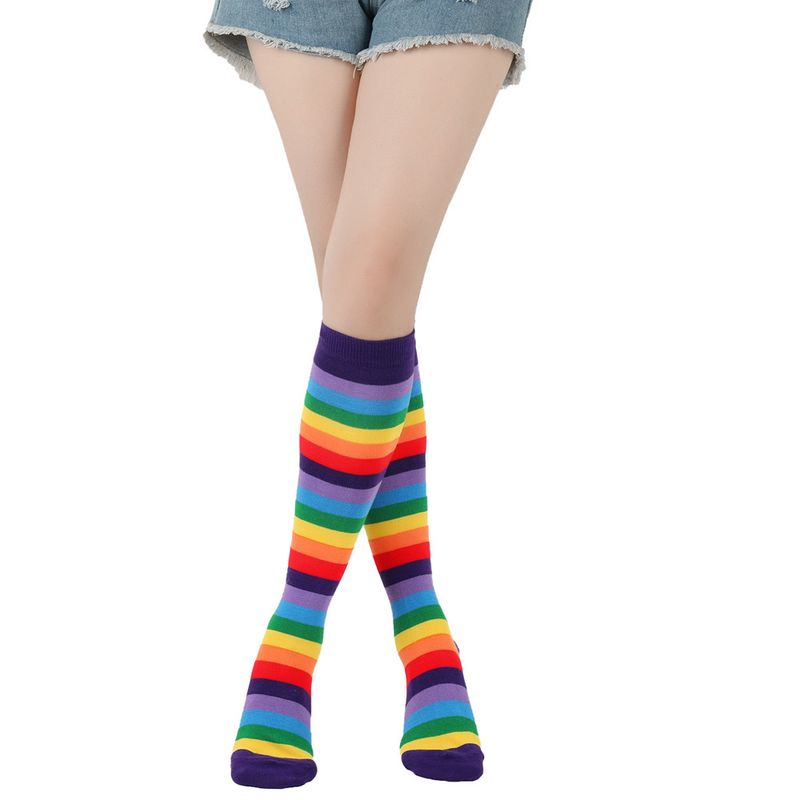 Unisex Kleurrijke gestreepte kniekousen Dames katoenen sokken Heren mid-tube sokken Vakantiefeest regenboog kuitsokken_voghion.com