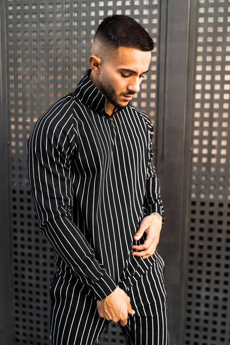2024 New Spring and Autumn Stripe for Men's Fitness Running Long sleeved Sweater Slim Fit Pants Set_voghion.com