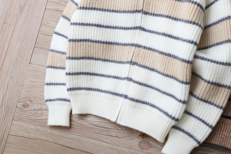 Strickjacke aus Lammwolle für Mutter und Kind, weicher, warmer Strickpullover für große Kinder (ab 8 Jahren), gestreiftes Design, lange Ärmel, Stehkragen (Grau/Marineblau)_voghion.com