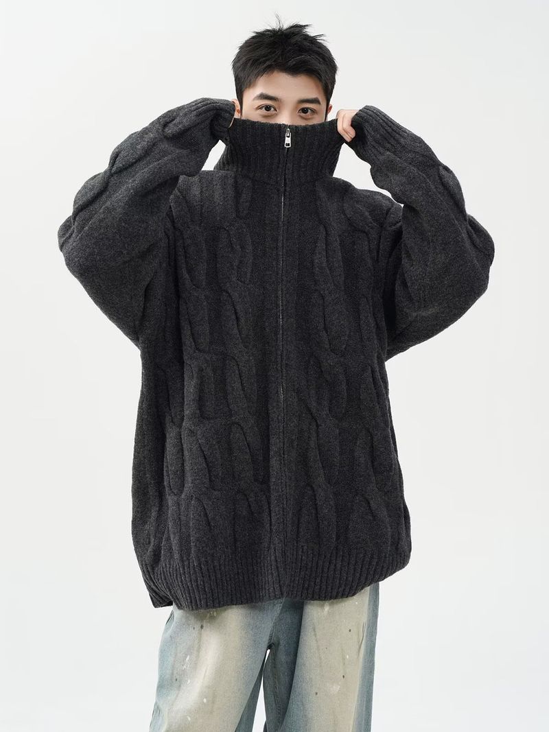 Maglione semi-dolcevita da uomo - Cardigan oversize in maglia a trecce con tessuto elasticizzato traspirante, abbigliamento unisex per l'autunno (nero/kaki/blu)_voghion.com