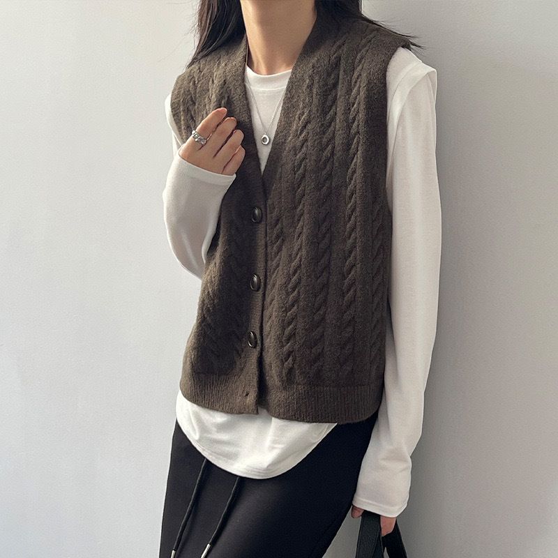 V-Ausschnitt Twist Gestrickte ärmellose Strickjacke Einfarbig Einfacher Windpullover Damenweste_voghion.com