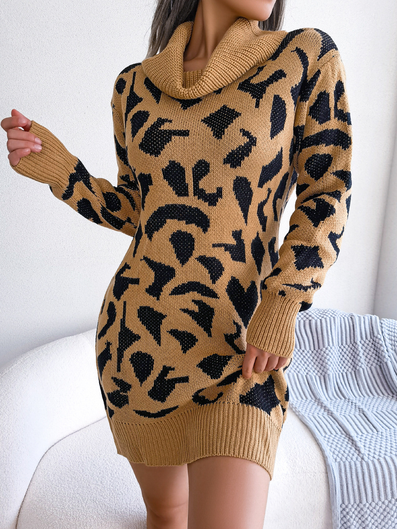 Damenbekleidung Echte Aufnahme des Herbst- und Winter-Street-Styles, hochgeschlossenes, langärmliges Pulloverkleid mit Leopardenmuster und unabhängiger Station_voghion.com