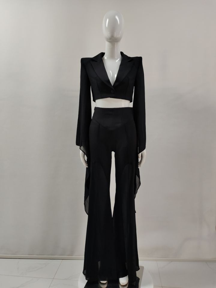 GraceChic European And American Cross-Border Solid Color Large Flare See-Through Small Blazer Suit Two-Piece Set For Women_voghion.com
