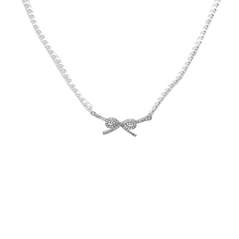 Zircon Bowknot Ribbon Pearl Necklace Exquisite Temperament Versatile Clavicle Chain Fashion High-end Sense Light Luxury_voghion.com