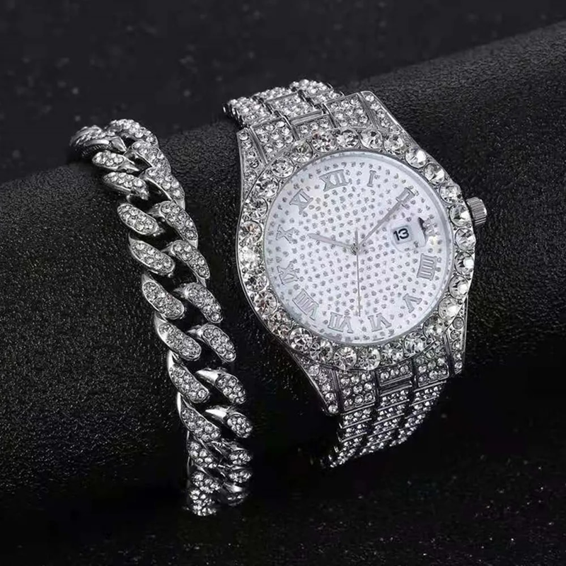 Zapestnica + ročne ure za moške Full Iced Out Quartz Ročna ura Hip Hop Gold Diamond Set moških ur Reloj Dropshipping_voghion.com