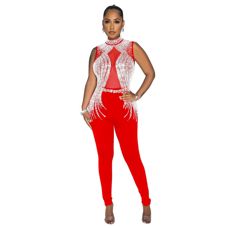 Vêtements pour femmes mode femmes couleur unie maille presse perceuse sans manches pantalon combinaison_voghion.com