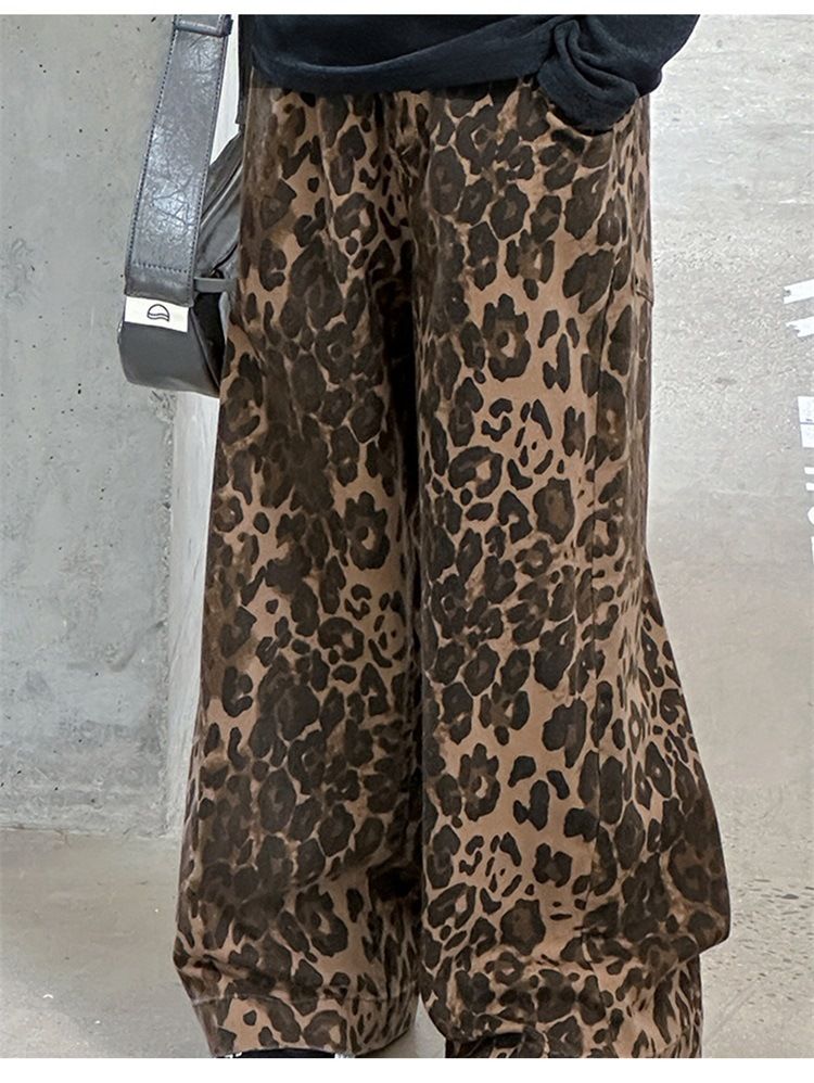 Meedercher Leopardendrock Hosen Fréijoer 2025 Neie Stil Mëttelgrouss a Grouss Kanner Personaliséierten Drock Breetbeenhosen Koreanesch Retro Riicht Hosen Modesch_voghion.com