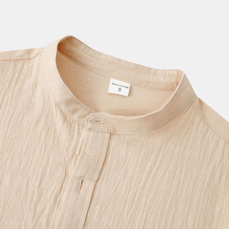 Camicia da uomo ampia a maniche lunghe in cardigan con colletto alla coreana in lino tinta unita_voghion.com