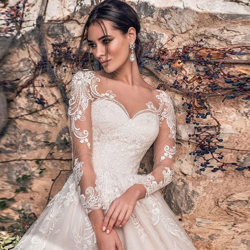 Elegant Long-Sleeve Lace Wedding Dress With Train – Romantic A-Line Bridal Gown For Bride_voghion.com