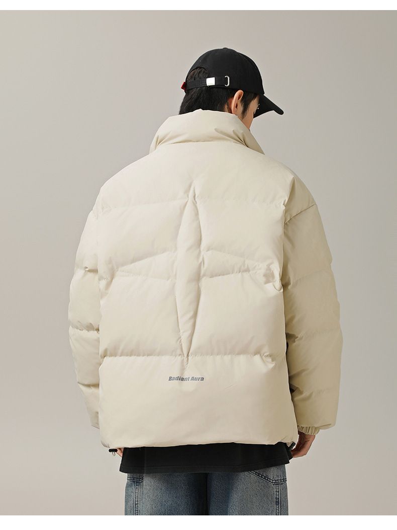 Men's Retro Stand Collar Puffer Jacket, Water-Resistant Quilted Coat With Adjustable Hem For Winter (Black/Olive/Beige)_voghion.com