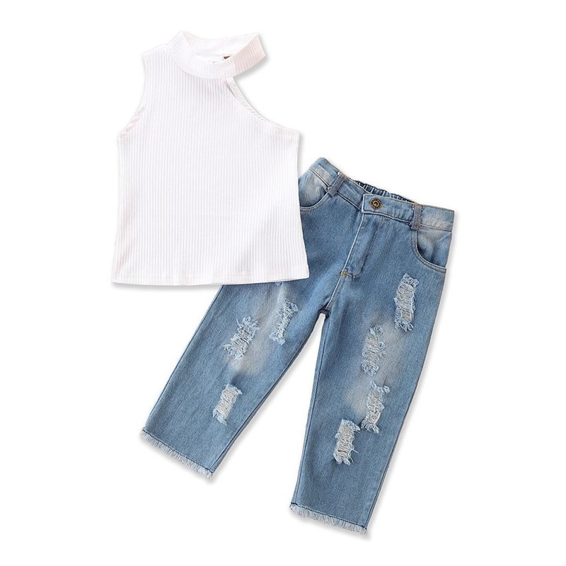 Småjenteklær Fasjonable jentedresser Nye sommerklær Jentekjoler med bare skuldre Ripped Jeans Dress med to deler_voghion.com