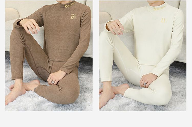 Completo intimo termico da uomo premium ricamato, strato di base invernale foderato in pile con collo alto, tessuto bifacciale ultra caldo per il freddo_voghion.com