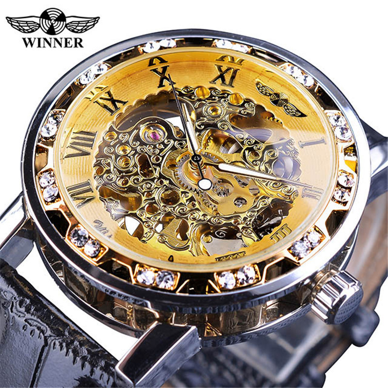 Men's Fashion Skeleton Mechanical Watch With Rhinestones - Hand-Winding Luxury Timepiece, 40mm Leather Strap, Stainless Steel Buckle_voghion.com