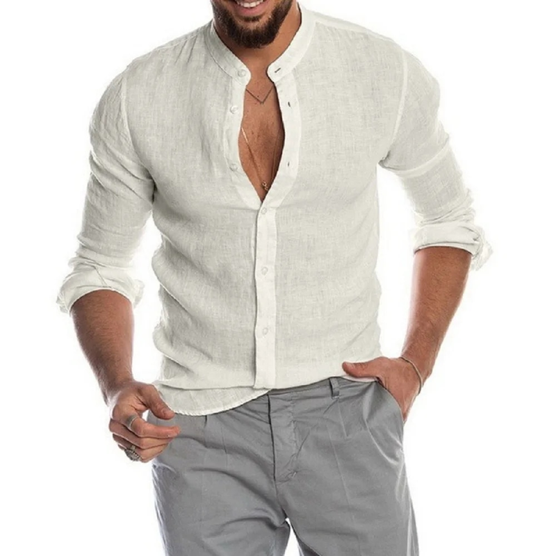 Cotton Linen Hot Sale Men's Long-Sleeved Shirts Summer Solid Color Stand-Up Collar Casual Beach Style Plus Size_voghion.com
