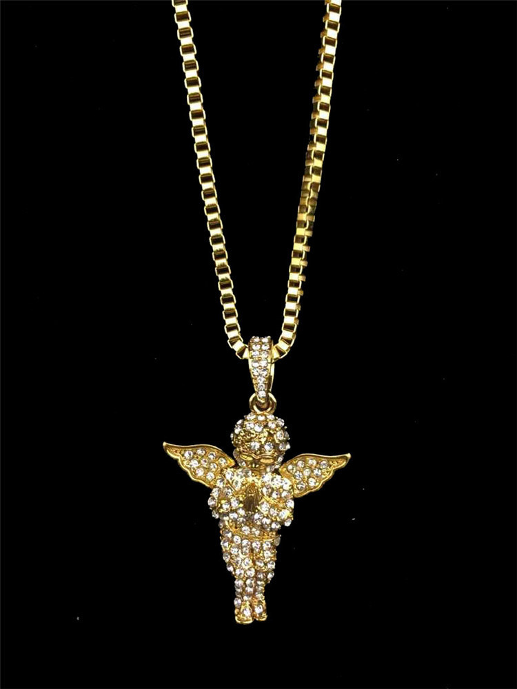 Schmuck für Männer und Frauen – trendige Hip-Hop-Halskette mit Engelsflügel-Anhänger und Legierungskette, Kastenketten-Design, perfekt für den Freizeit- und Streetwear-Stil_voghion.com