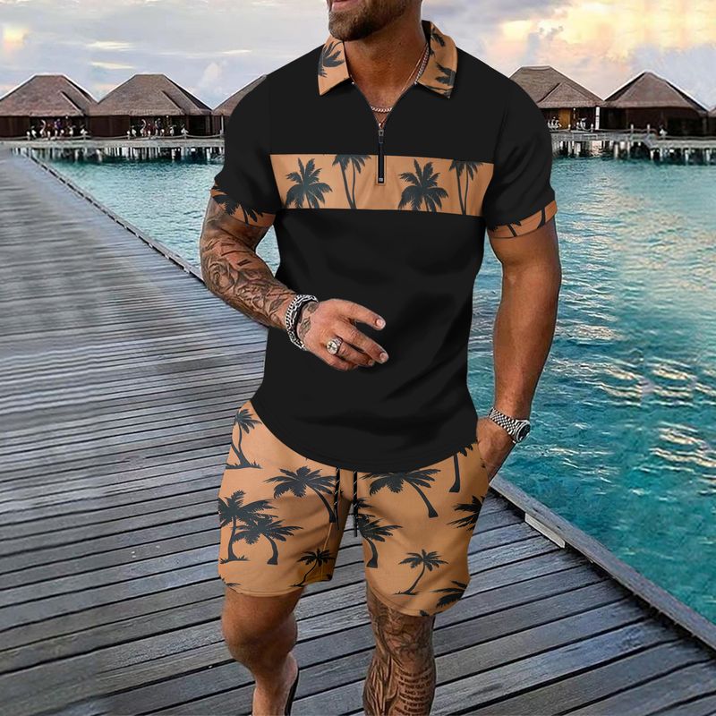 2-piece Men's Summer Holiday Style Outfit Set Short Sleeve Zip Golf Shirt & Waist Drawstring Shorts With Pockets Beach Resorts_voghion.com
