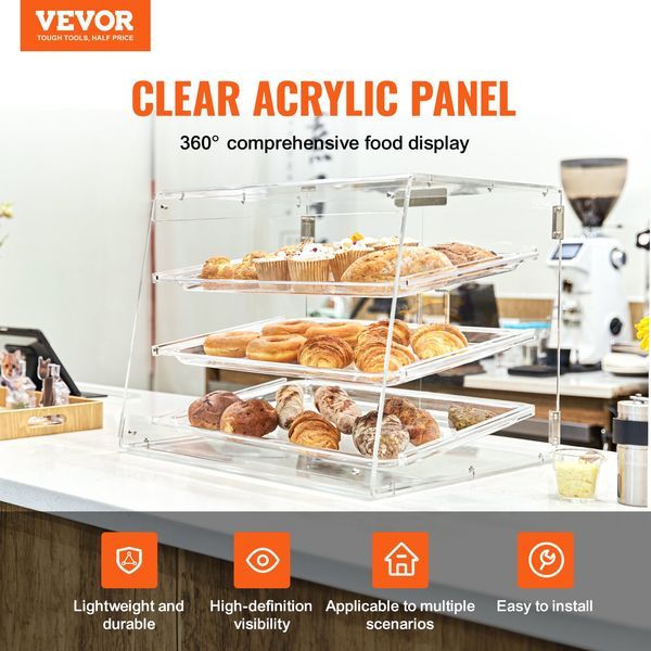 Pastry Display Case, 3-Tier Commercial Countertop Bakery Display Case, Acrylic Display Box With Rear Door Access & Removable Shelves, Keep Fres_voghion.com