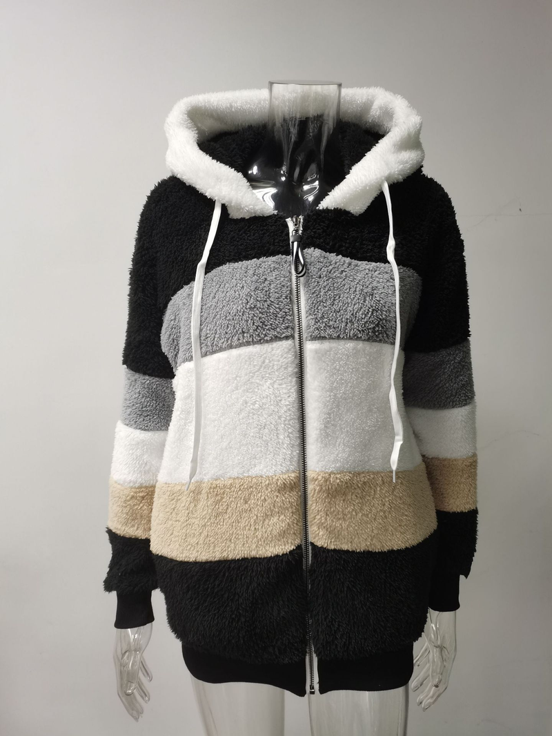 Autumn and winter warm plush patchwork zipper pocket hooded loose coat for women_voghion.com