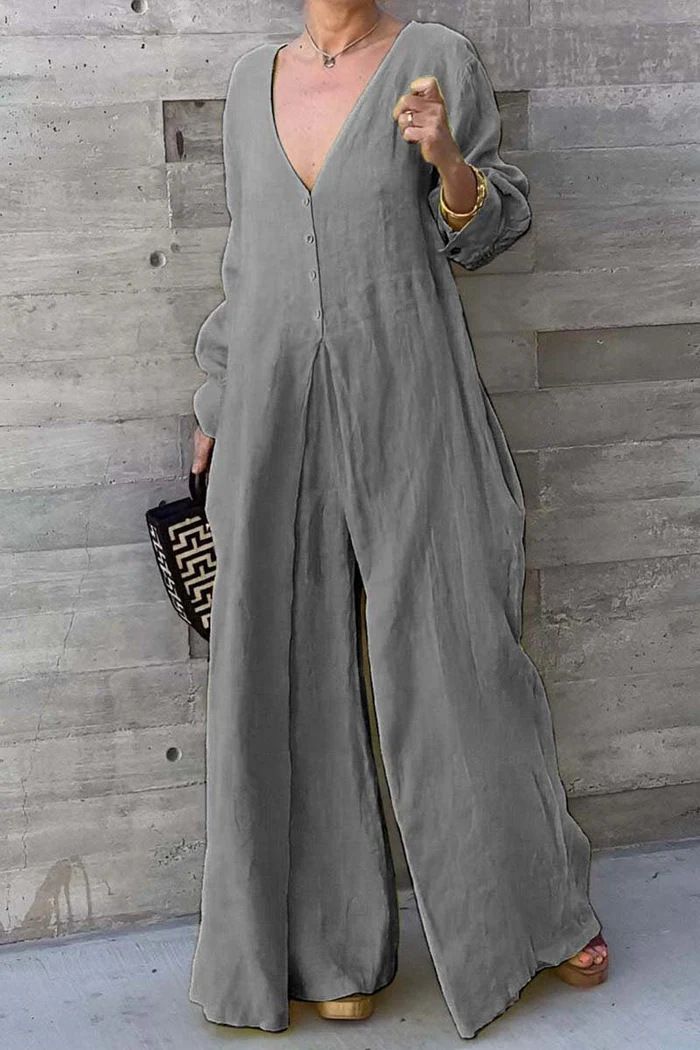Dameskleding Zomer Katoenen en linnen jumpsuit Damesmode Effen kleur V-hals jumpsuit met knoopjes Mid-taille jumpsuit met wijde pijpen_voghion.com