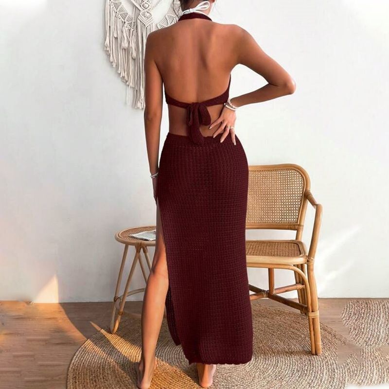 Vêtements pour femmes, nouvelle jupe de plage d'été pour femmes, couleur unie, sexy, tricotée, ajourée, robe de plage, cache-maillot de bain_voghion.com