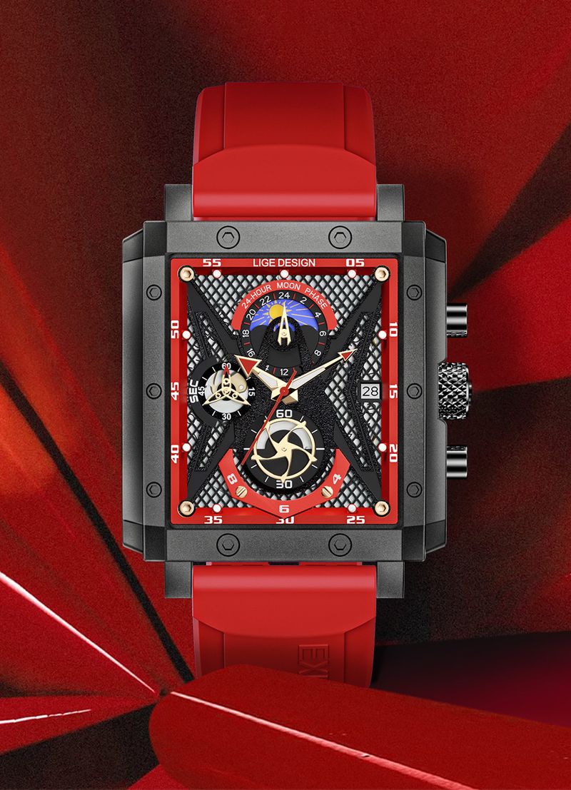 Orologio al quarzo quadrato da uomo LIGE LG8965 - Cronografo impermeabile con datario, cinturino sportivo in silicone (blu/nero, argento/bianco)_voghion.com
